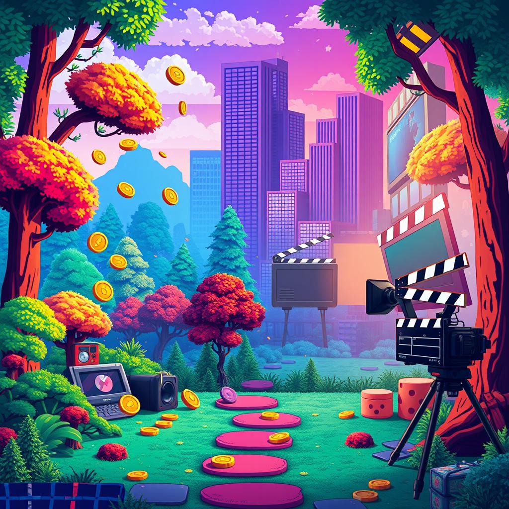 A detailed 16:9 opener screen for a gaming and movie production Twitch channel, featuring high quality pixel art