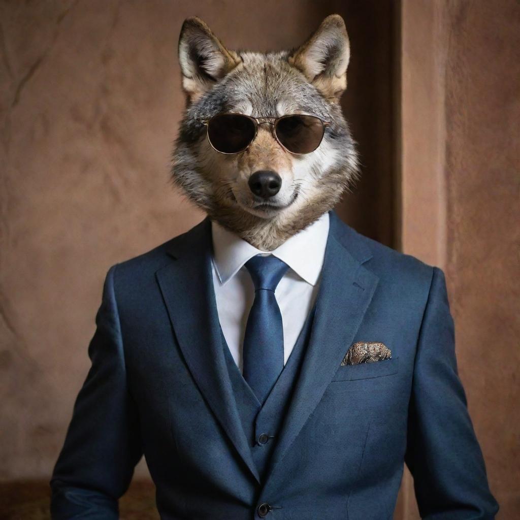 A sophisticated wolf wearing smoky glasses and a suit, located in a traditional Iranian setting.