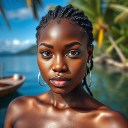 A beautiful 25-year-old woman from the Migingo Islands, featuring striking large eyes and a sensuous face