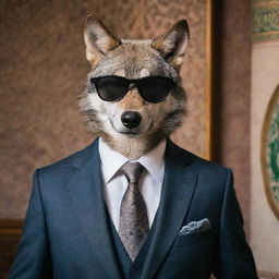 A sophisticated wolf wearing smoky glasses and a suit, located in a traditional Iranian setting.