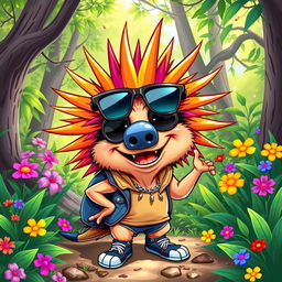 A playful and whimsical caricature of an anthropomorphic echidna character with vibrant, colorful spikes, wearing sunglasses and a cool, trendy outfit