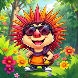 A playful and whimsical caricature of an anthropomorphic echidna character with vibrant, colorful spikes, wearing sunglasses and a cool, trendy outfit