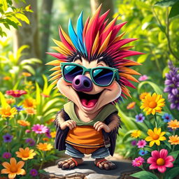 A playful and whimsical caricature of an anthropomorphic echidna character with vibrant, colorful spikes, wearing sunglasses and a cool, trendy outfit