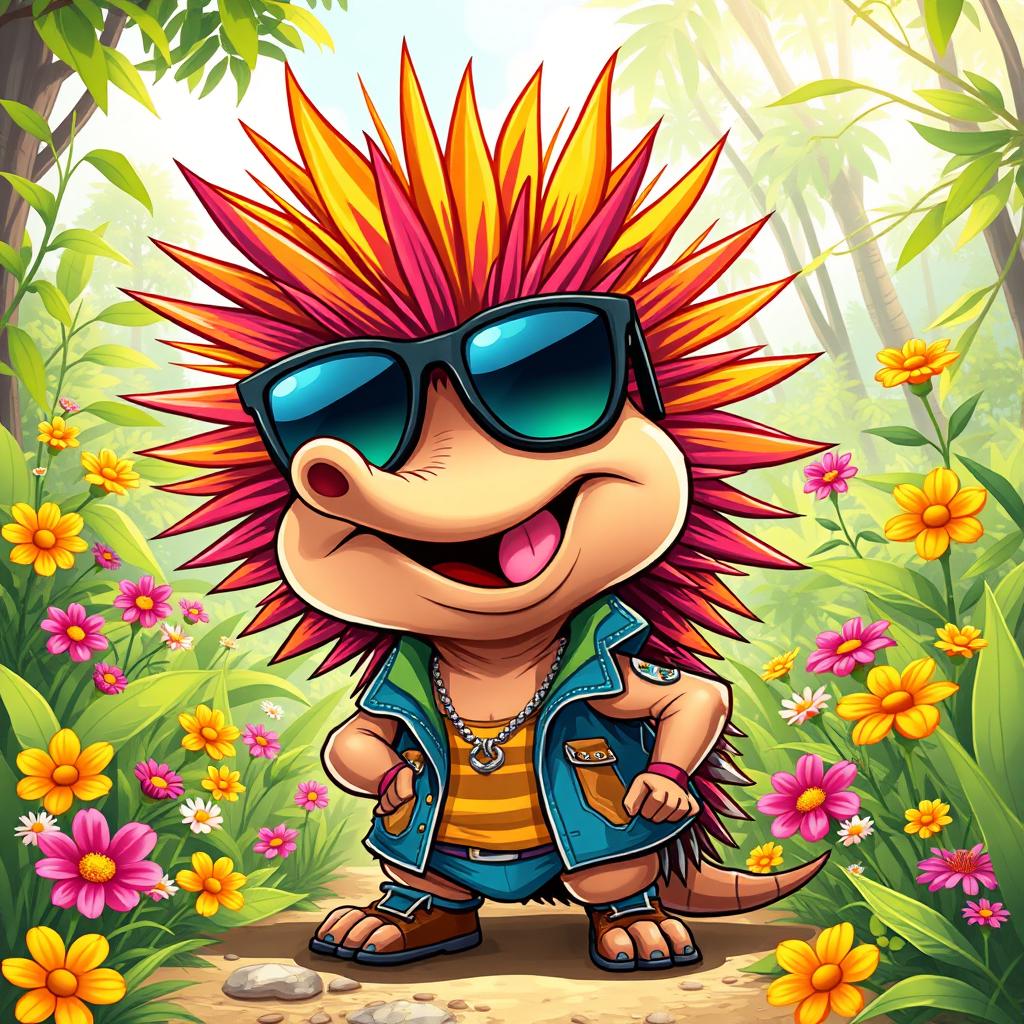 A playful and whimsical caricature of an anthropomorphic echidna character with vibrant, colorful spikes, wearing sunglasses and a cool, trendy outfit