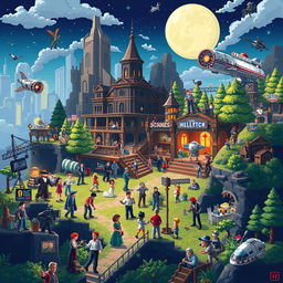 A captivating environmental art piece in high quality pixel art, depicting a movie production universe filled with a variety of famous characters and iconic set pieces from both movies and video games