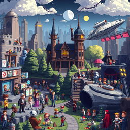 A captivating environmental art piece in high quality pixel art, depicting a movie production universe filled with a variety of famous characters and iconic set pieces from both movies and video games