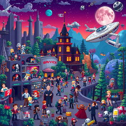 A captivating environmental art piece in high quality pixel art, depicting a movie production universe filled with a variety of famous characters and iconic set pieces from both movies and video games