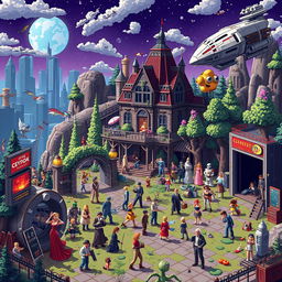 A captivating environmental art piece in high quality pixel art, depicting a movie production universe filled with a variety of famous characters and iconic set pieces from both movies and video games