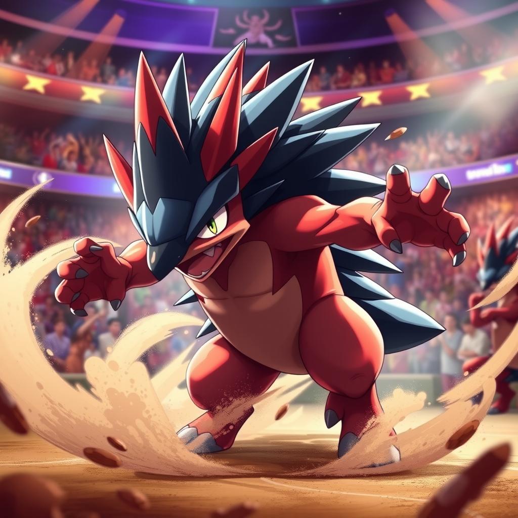 A powerful and dynamic fighting type echidna Pokémon, showcasing an intense battle pose