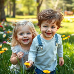 A heartwarming scene featuring a playful toddler girl with soft blonde hair and striking blue and brown eyes, alongside a charming toddler boy with tousled brown hair and bright blue eyes