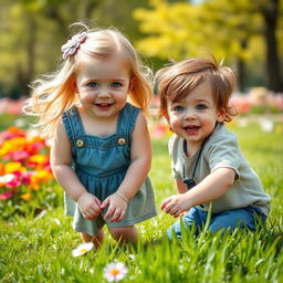 A heartwarming scene featuring a playful toddler girl with soft blonde hair and striking blue and brown eyes, alongside a charming toddler boy with tousled brown hair and bright blue eyes