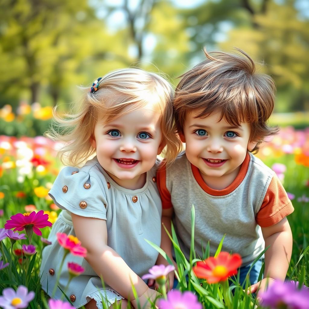 A heartwarming scene featuring a playful toddler girl with soft blonde hair and striking blue and brown eyes, alongside a charming toddler boy with tousled brown hair and bright blue eyes