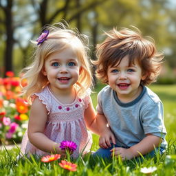 A heartwarming scene featuring a playful toddler girl with soft blonde hair and striking blue and brown eyes, alongside a charming toddler boy with tousled brown hair and bright blue eyes