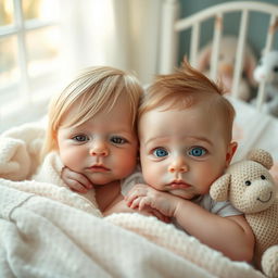 A serene and adorable scene featuring a newborn girl with soft blonde hair and captivating blue and brown eyes, nestled gently beside a newborn boy with bright blue eyes and a tuft of brown hair