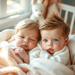 A serene and adorable scene featuring a newborn girl with soft blonde hair and captivating blue and brown eyes, nestled gently beside a newborn boy with bright blue eyes and a tuft of brown hair