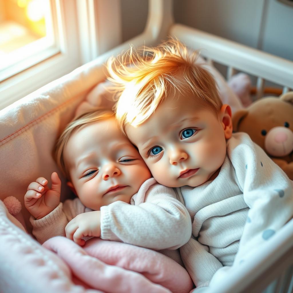 A serene and adorable scene featuring a newborn girl with soft blonde hair and captivating blue and brown eyes, nestled gently beside a newborn boy with bright blue eyes and a tuft of brown hair