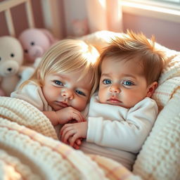 A serene and adorable scene featuring a newborn girl with soft blonde hair and captivating blue and brown eyes, nestled gently beside a newborn boy with bright blue eyes and a tuft of brown hair