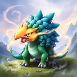 A dragon-type echidna Pokémon, characterized by its unique spiky back covered in vibrant scales resembling a mix of emerald green and sapphire blue