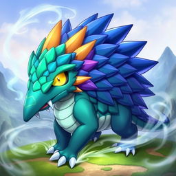 A dragon-type echidna Pokémon, characterized by its unique spiky back covered in vibrant scales resembling a mix of emerald green and sapphire blue