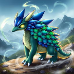 A dragon-type echidna Pokémon, characterized by its unique spiky back covered in vibrant scales resembling a mix of emerald green and sapphire blue