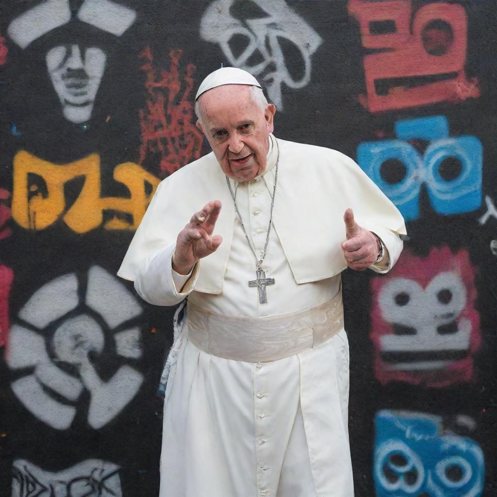 An unconventional portrait of the Pope, adorned in streetwear with a boombox on his shoulder, busting a rap pose against an urban graffiti backdrop.