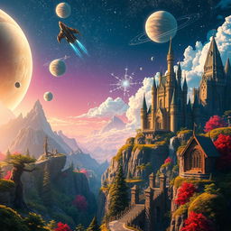 A stunning piece of environmental art depicting a fantastical universe infused with references to both movies and video games, created in high quality digital art