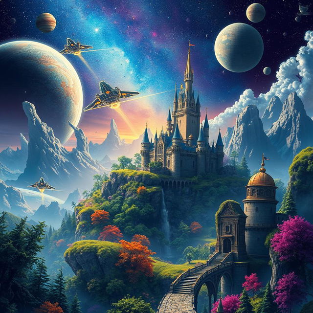 A stunning piece of environmental art depicting a fantastical universe infused with references to both movies and video games, created in high quality digital art