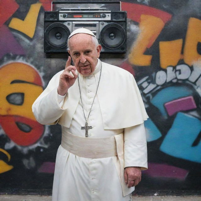 An unconventional portrait of the Pope, adorned in streetwear with a boombox on his shoulder, busting a rap pose against an urban graffiti backdrop.