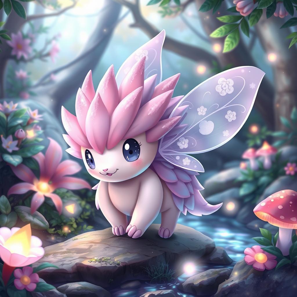 A charming and whimsical fairy type echidna Pokémon, surrounded by a magical, enchanting forest