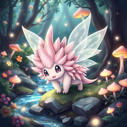 A charming and whimsical fairy type echidna Pokémon, surrounded by a magical, enchanting forest