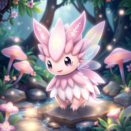 A charming and whimsical fairy type echidna Pokémon, surrounded by a magical, enchanting forest