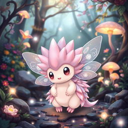 A charming and whimsical fairy type echidna Pokémon, surrounded by a magical, enchanting forest