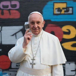 An unconventional portrait of the Pope, adorned in streetwear with a boombox on his shoulder, busting a rap pose against an urban graffiti backdrop.