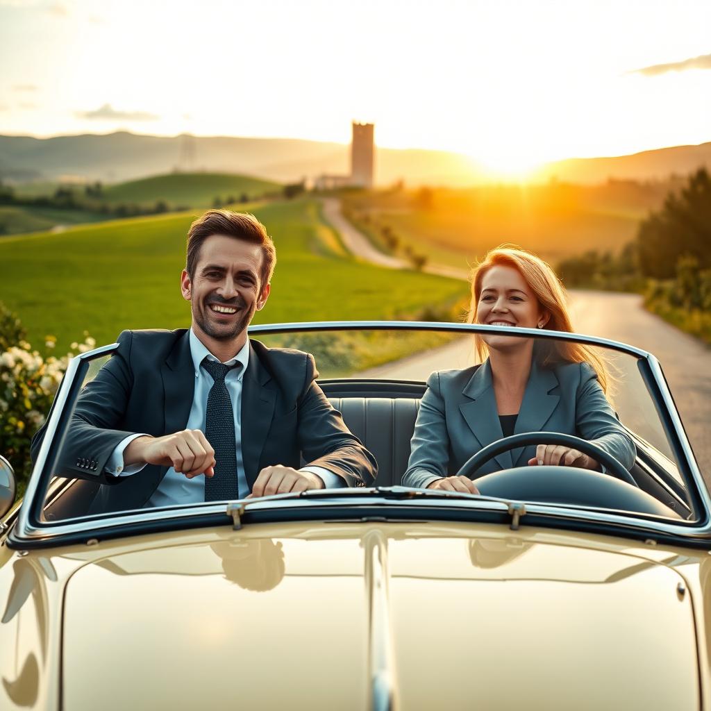 Two executives, a man and a woman, wearing smart, slightly disheveled business attire, are joyfully driving a classic convertible car through the scenic rural landscape of Spain