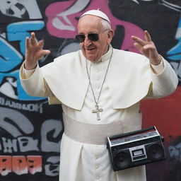 An unconventional portrait of the Pope, adorned in streetwear with a boombox on his shoulder, busting a rap pose against an urban graffiti backdrop.