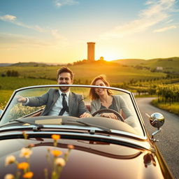 Two executives, a man and a woman, wearing smart, slightly disheveled business attire, are joyfully driving a classic convertible car through the scenic rural landscape of Spain