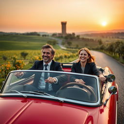 Two executives, a man and a woman, wearing smart, slightly disheveled business attire, are joyfully driving a classic convertible car through the scenic rural landscape of Spain