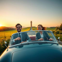 Two executives, a man and a woman, wearing smart, slightly disheveled business attire, are joyfully driving a classic convertible car through the scenic rural landscape of Spain