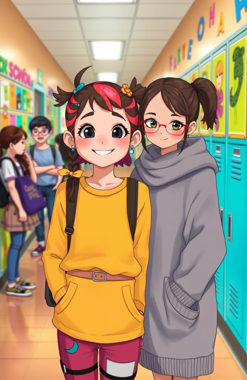 Aysah, a cheerful girl with a unique style and an expression full of hope, stands in a school hallway, surrounded by vibrant student artwork and lockers