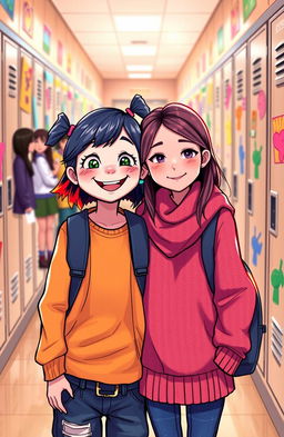 Aysah, a cheerful girl with a unique style and an expression full of hope, stands in a school hallway, surrounded by vibrant student artwork and lockers