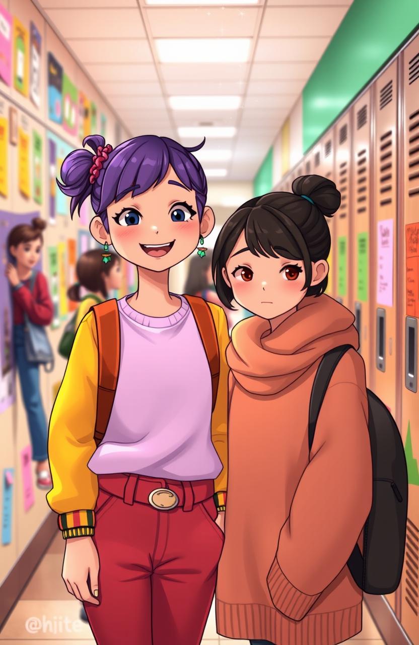 Aysah, a cheerful girl with a unique style and an expression full of hope, stands in a school hallway, surrounded by vibrant student artwork and lockers