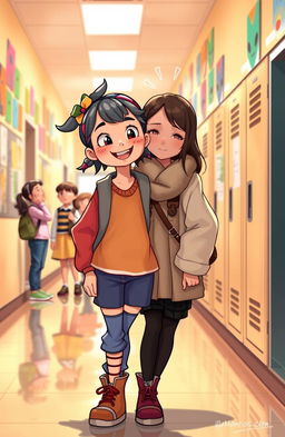 Aysah, a cheerful girl with a unique style and an expression full of hope, stands in a school hallway, surrounded by vibrant student artwork and lockers