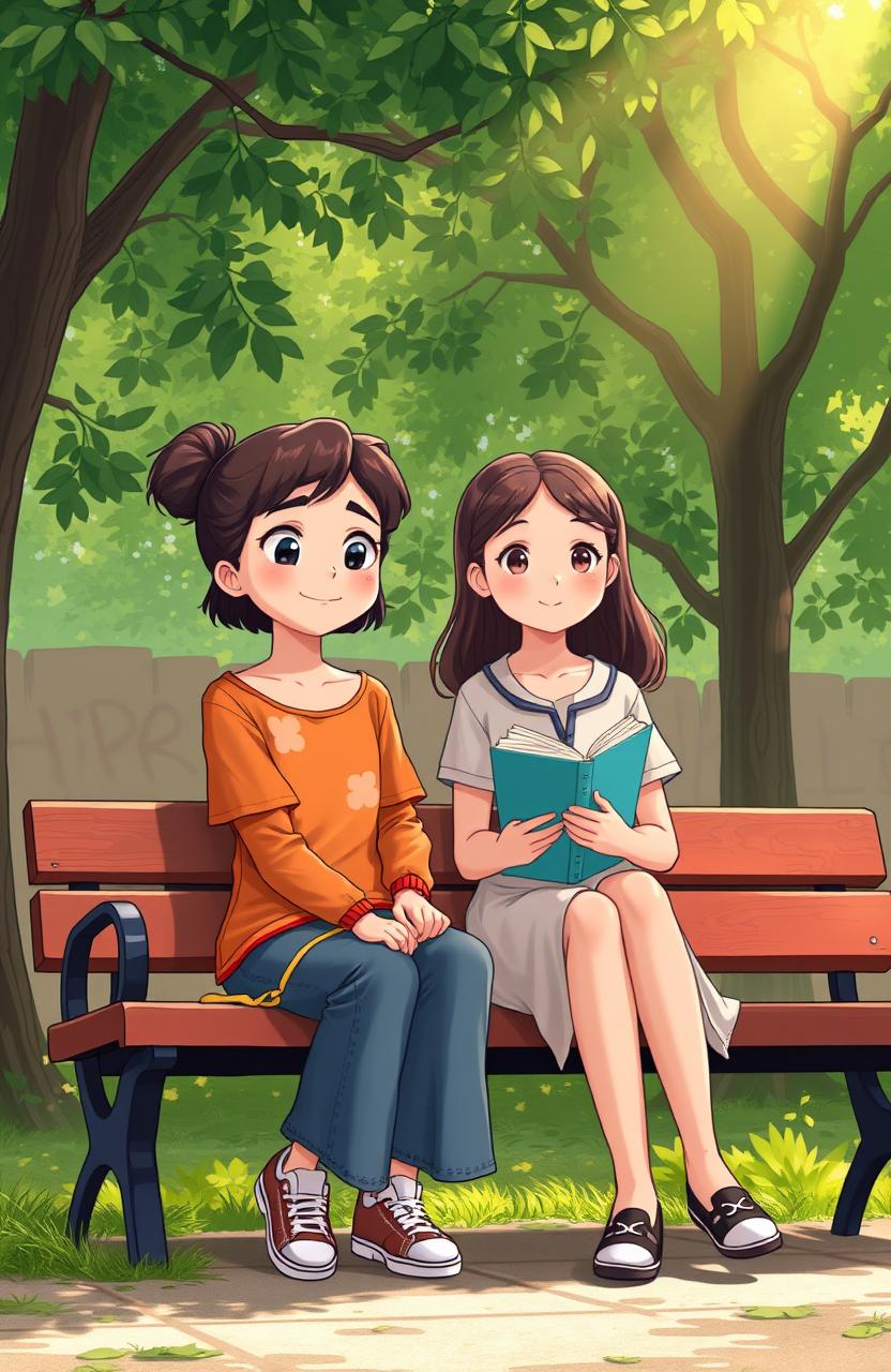 Illustration of Aysah, a cheerful yet peculiar girl with a unique fashion sense, sitting on a park bench looking thoughtful