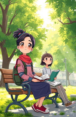 Illustration of Aysah, a cheerful yet peculiar girl with a unique fashion sense, sitting on a park bench looking thoughtful