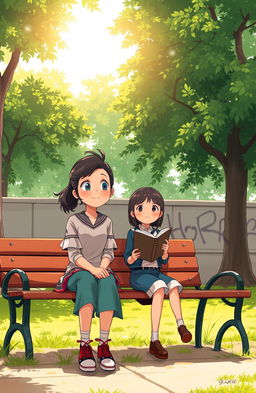 Illustration of Aysah, a cheerful yet peculiar girl with a unique fashion sense, sitting on a park bench looking thoughtful