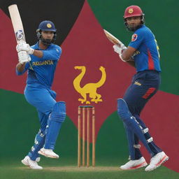 An action-packed cricket match graphic showcasing Sri Lanka versus Afghanistan. Incorporate the team colors, logo, and national emblems in the scene.