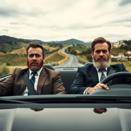 Two bearded men in business suits, looking dejected and solemn, are driving a sleek car through the serene rural landscape of Spain