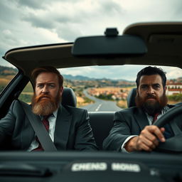 Two bearded men in business suits, looking dejected and solemn, are driving a sleek car through the serene rural landscape of Spain