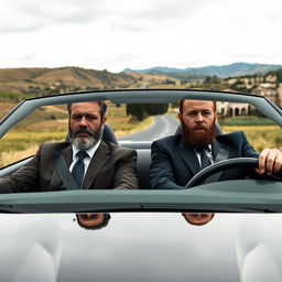 Two bearded men in business suits, looking dejected and solemn, are driving a sleek car through the serene rural landscape of Spain