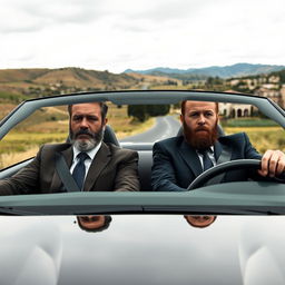 Two bearded men in business suits, looking dejected and solemn, are driving a sleek car through the serene rural landscape of Spain